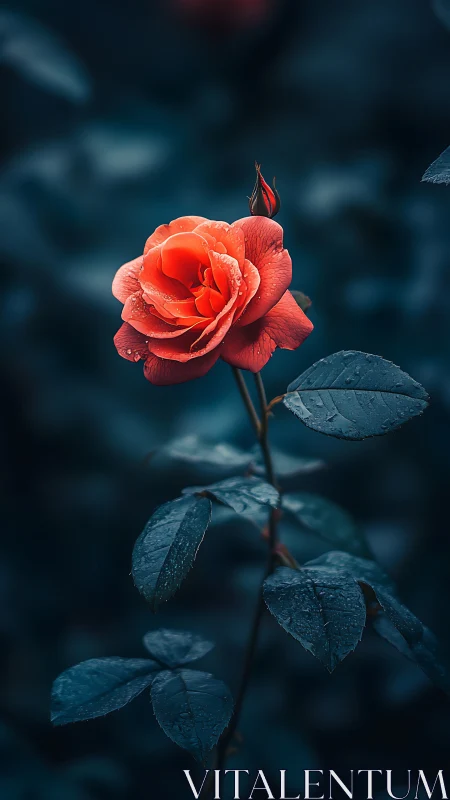Crimson Rose Blooms Against Dark Teal Background.