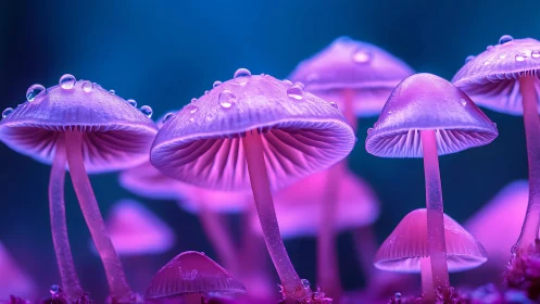 Neon bioluminescent mushrooms under dewdrops at night.