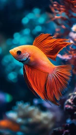 Orange betta fish in side profile within blue aquarium.