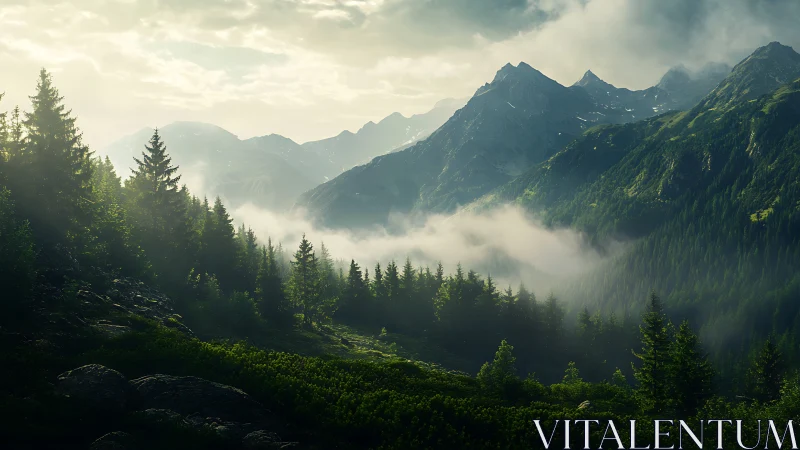 Alpine Valley Landscape with Coniferous Forest and Stratocumulus Cloud Formation