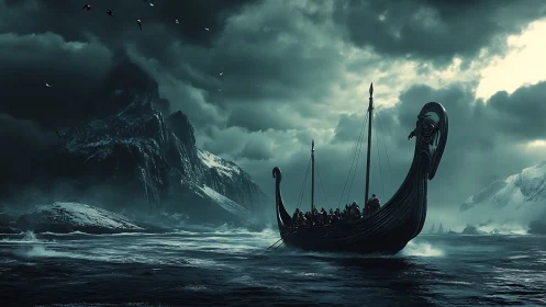 Viking longship cuts stormy Nordic sea toward dark fjord.