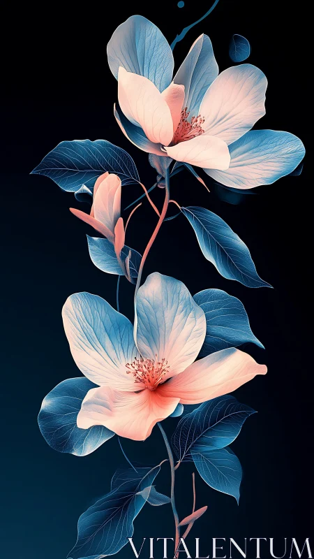 Digital botanical illustration with two pink blooms and blue foliage.