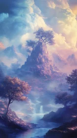 Fantasy vertical landscape with ethereal mist and river focus.