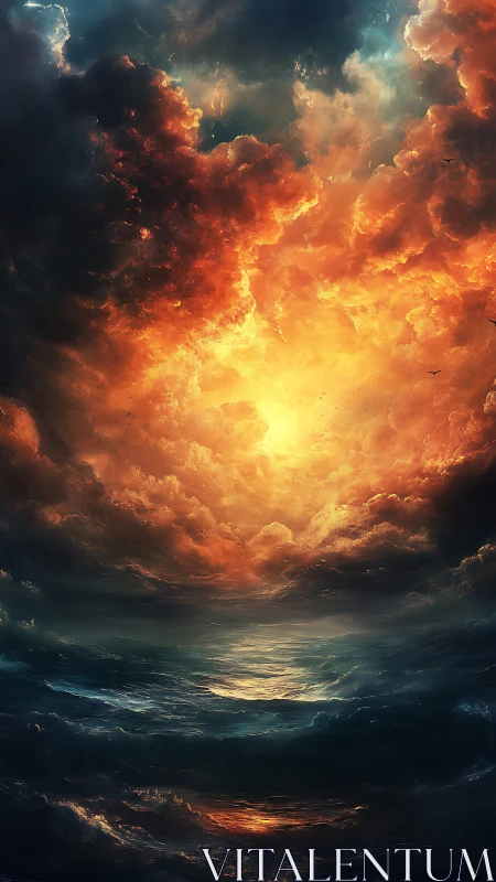 Storm-lit ocean absorbs blazing celestial firestorm.