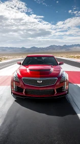Red performance sedan aligned on desert racetrack centerline.