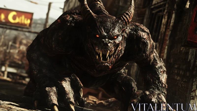 Horned quadrupedal creature advances in ruined urban street