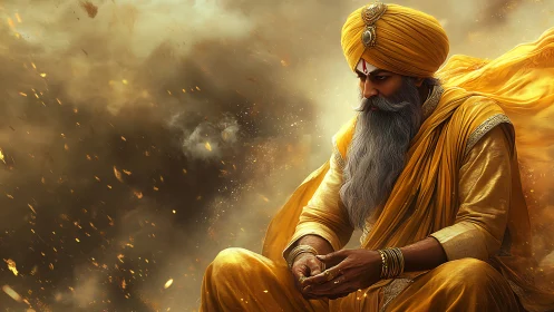 Regal Sikh elder in golden robes amid swirling embers.