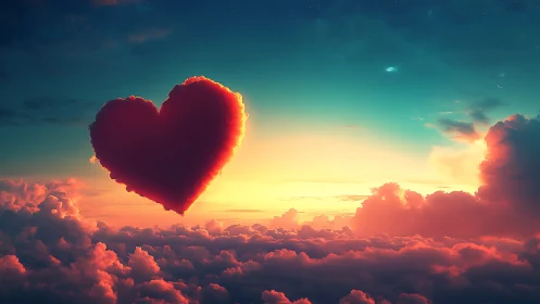 Heart-Shaped Cloud Glowing Above Golden Sunset Skies.
