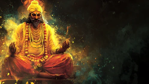 Mystic sage meditates in fiery cosmic aura of golden light