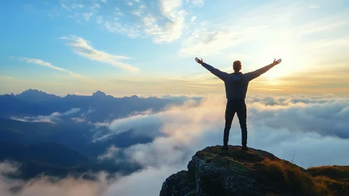 Backlit hiker silhouette stands on rocky summit above dense clouds