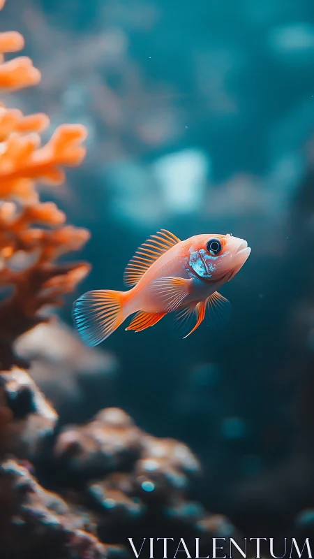 Orange reef fish in blue underwater scene with coral forms.