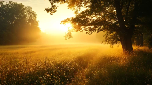 Sunlit meadow glows beneath trees in golden morning mist.