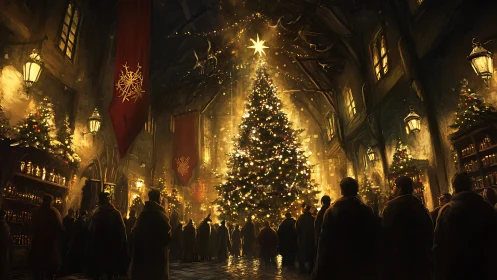 Crowd gathers around grand indoor Christmas tree at night