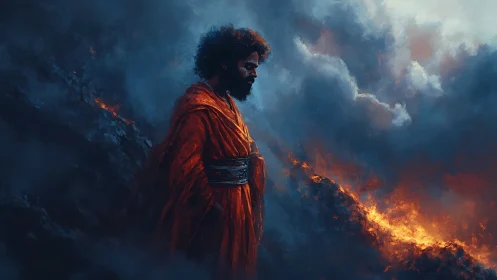 Figure in orange robe beside dark clouds and fire line.