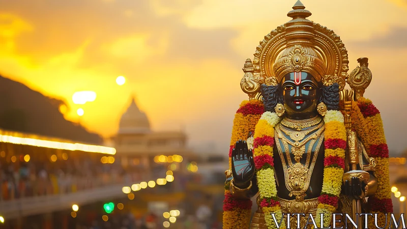 Gilded Hindu deity statue with garlands at warm sunset.