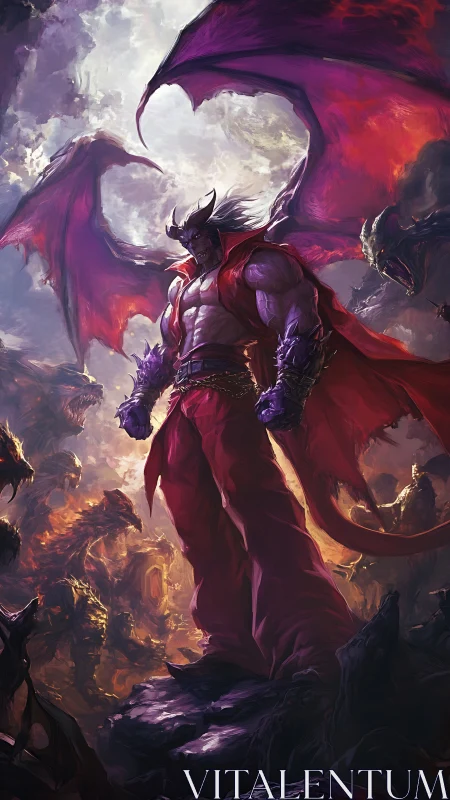 Horned humanoid with wings stands over demonic landscape