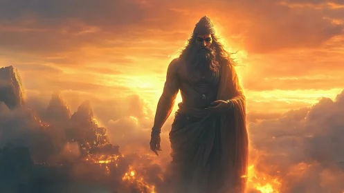 Divine warrior strides through burning clouds at sunrise.