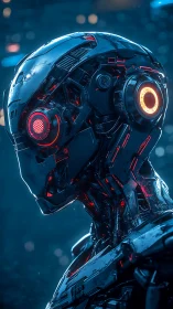 Cyborg head with illuminated red circuitry stands in profile view