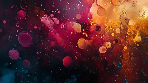 Abstract fluid painting shows red, pink and orange circular forms