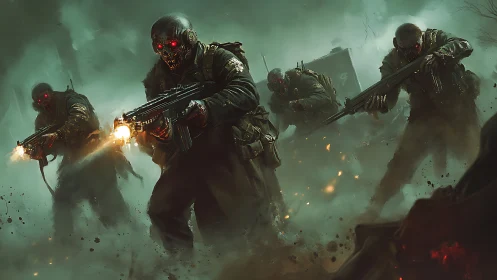 Undead soldiers advance through toxic fog on a war-torn field