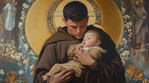 Tender monk cradling sleeping child amid golden haloed icons.