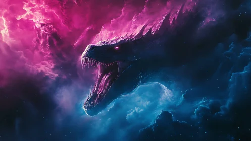 Cosmic dragon emerging from neon pink and blue clouds.