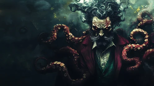 Eldritch gentleman engulfed by luminescent octopus tentacles