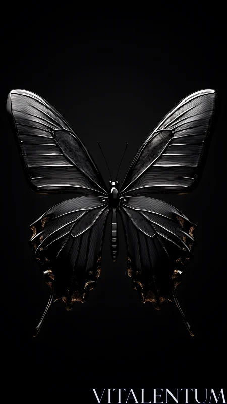 Symmetrical black butterfly render shows metallic wing structure