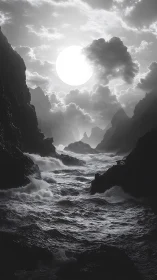 Monochrome seascape with towering cliffs and luminous sun.