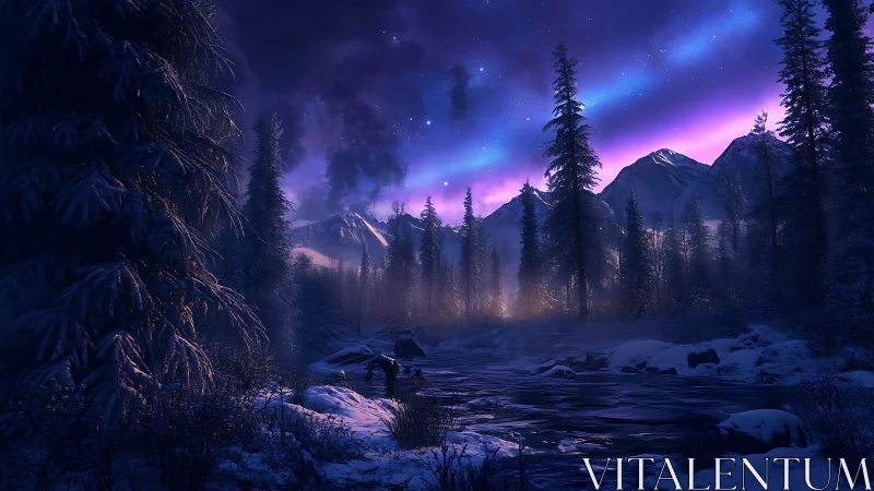 Winter river under aurora sky in alpine conifer forest.