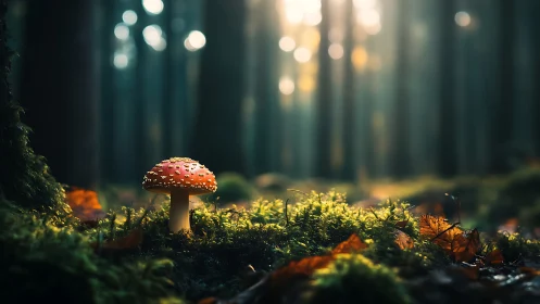 Solitary fly agaric glows against softly diffused forest bokeh