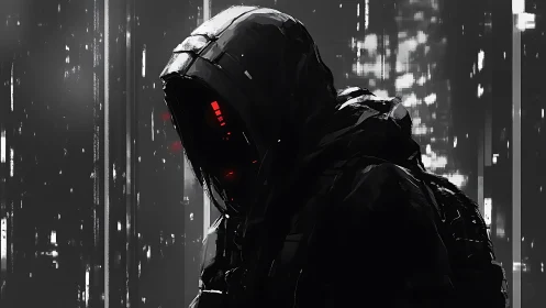 Cybernetic hooded sentinel in monochrome rain-soaked city.