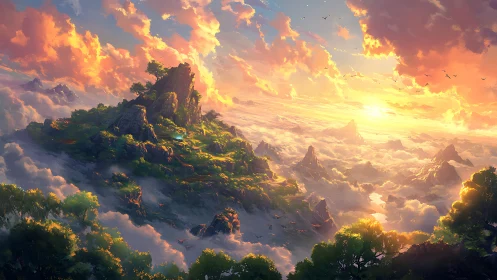 Sunlit floating mountains rise above a glowing cloud sea