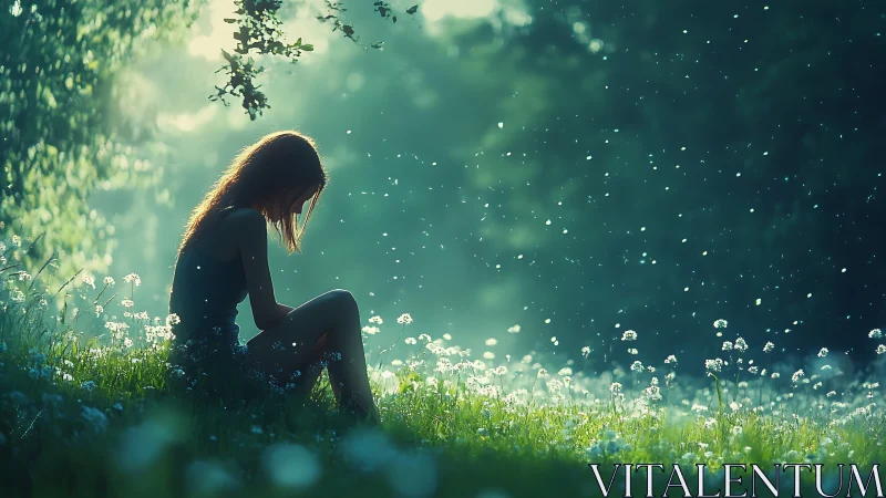 Solitary girl sits in glowing meadow under drifting seeds.
