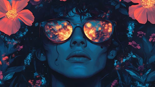 Neon-lit portrait reflects fiery cosmos in mirrored sunglasses