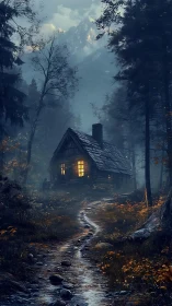 Digital painting of a misty forest cabin with alpine backdrop.