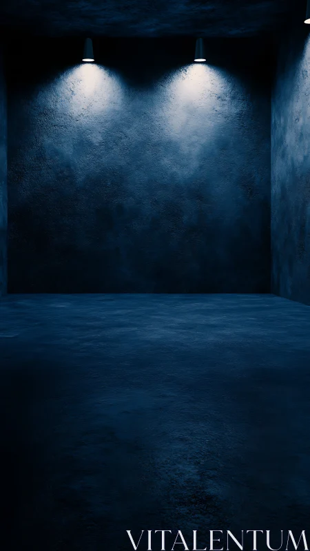 Empty blue concrete room under cold spot lighting.