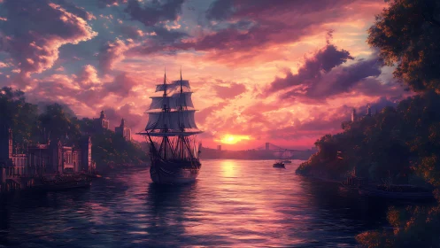 Tall ship silhouettes sail through atmospheric river sunset glow