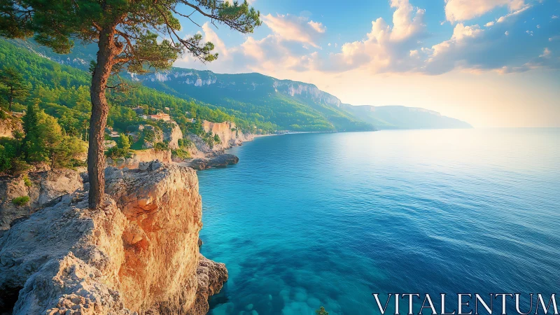 Sunlit cliffs and quiet pine above a tranquil turquoise sea.