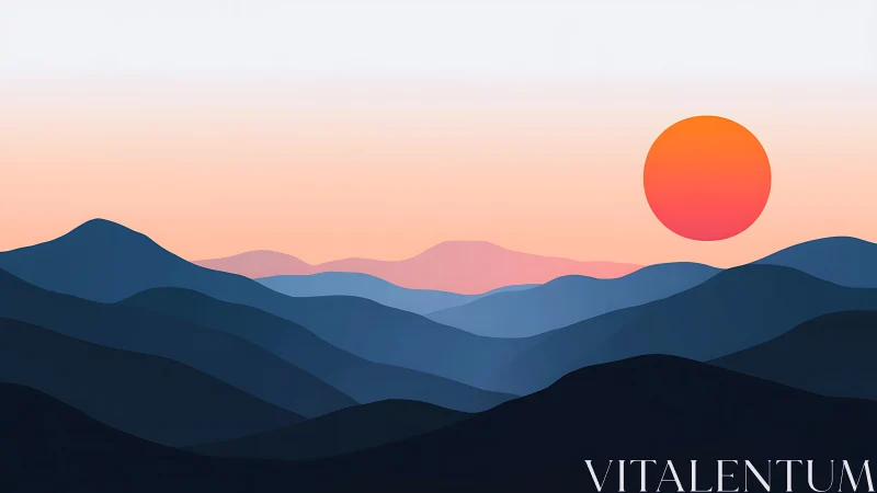Layered minimalist mountains under gradient sun disc at dusk