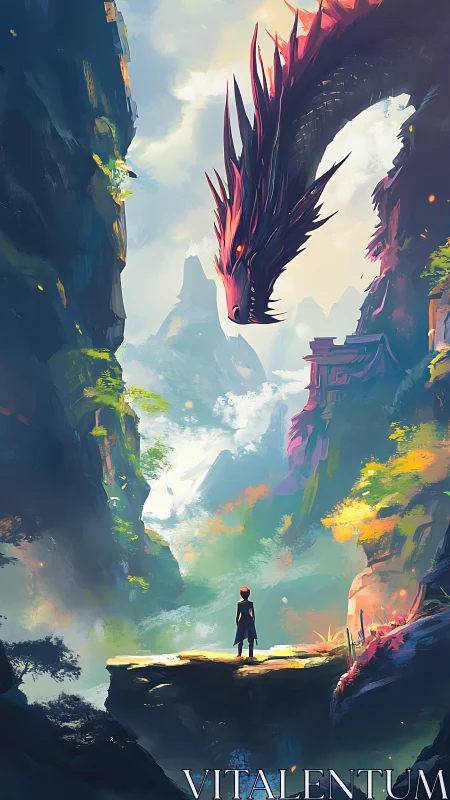 Mountain pass meeting between a lone traveler and dragon.