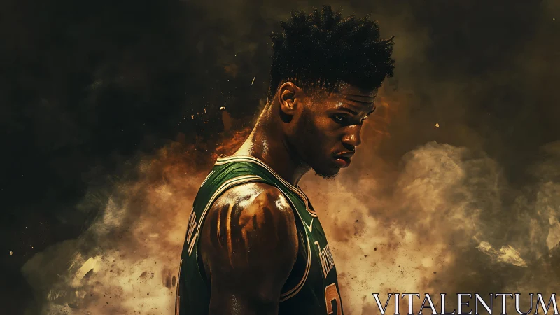 Focused basketball player stands against swirling smoky backdrop