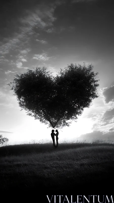 Heart-shaped tree with figures in monochrome landscape.