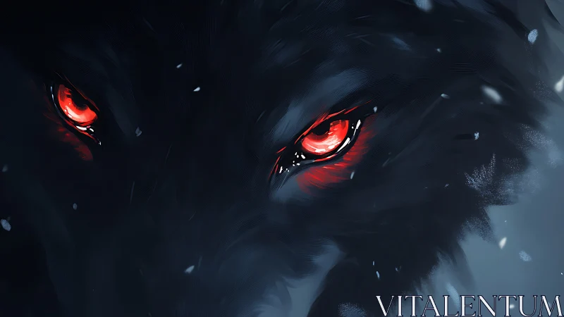 Wolf face close-up shows glowing red eyes in dark snow