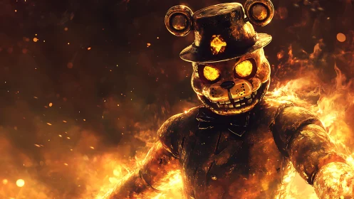 Flaming clockwork bear marches through swirling embers.