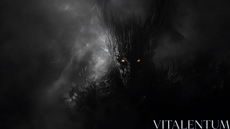 Midnight ember-eyed wraith crowned in storm-torn shadow.