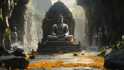 Stone Buddha statue in forest shrine with falling petals.
