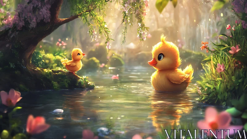 Cute ducklings in a glowing forest pond at sunrise.