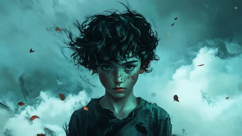 Stormlit portrait of freckled child framed by teal cloudscape