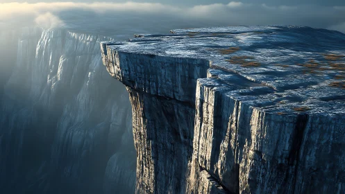 Sheer stone plateau above misty canyon in cold light.